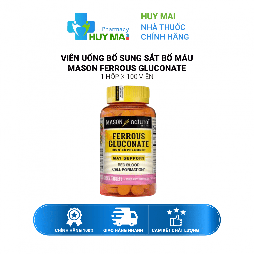 Sắt Hữu Cơ Mason Natural Ferrous Gluconate Bổ Bầu Hộp 100 viên 1 bổ sung sắt mason ferrous gluconate