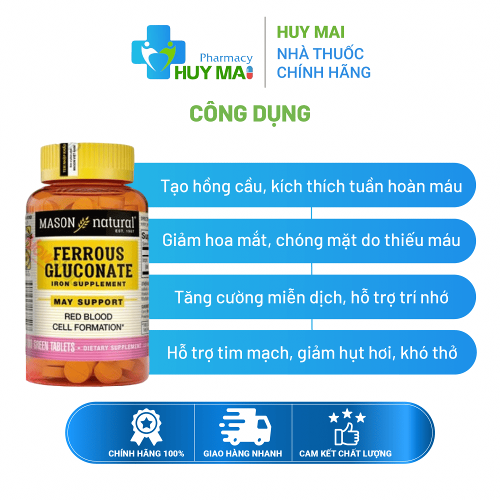 Sắt Hữu Cơ Mason Natural Ferrous Gluconate Bổ Bầu Hộp 100 viên 2 sắt mason ferrous gluconate
