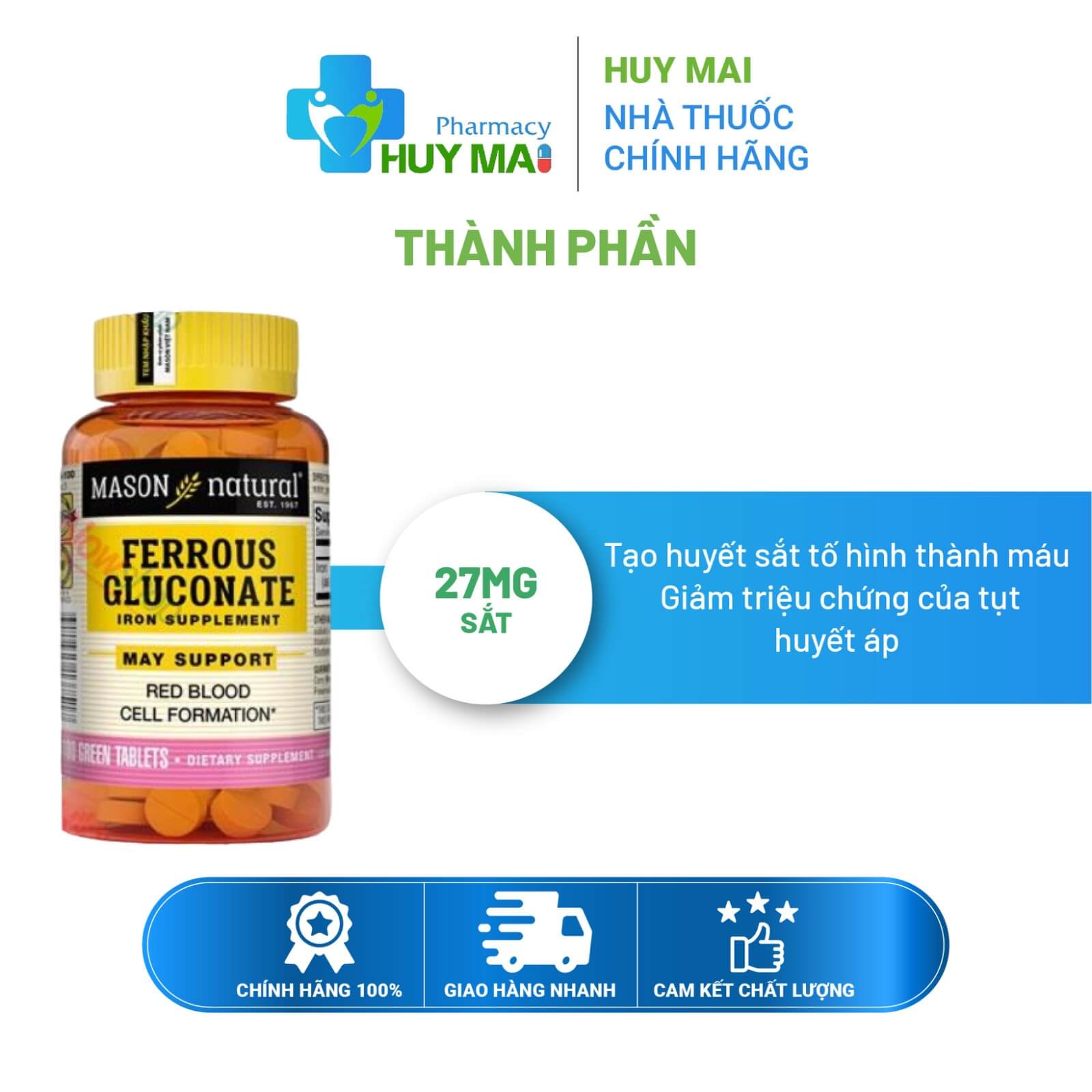 Sắt Hữu Cơ Mason Natural Ferrous Gluconate Bổ Bầu Hộp 100 viên 4 Sắt Hữu Cơ Mason bổ bầu