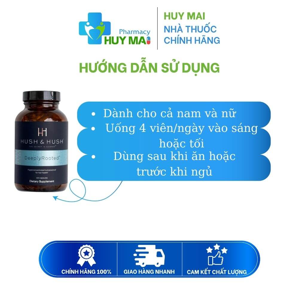 Viên uống ngăn ngừa rụng tóc Deeply Rooted Hush & Hush Hộp 120 Viên 4 cách dùng Viên uống ngăn ngừa rụng tóc Deeply Rooted Hush & Hush