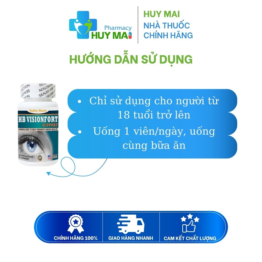 Viên Uống Tăng Cường Thị Lực HB Visionfort Support Lọ 60 viên 3 cách dùng bổ mắt HB Visionfort Support