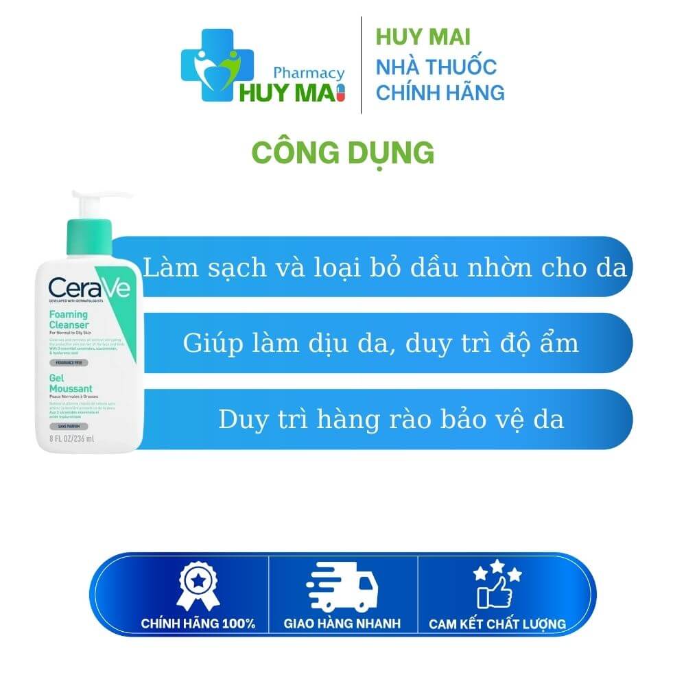 Cerave Foaming Cleanser Sữa rửa mặt dành cho da dầu chai 236ml 3 công dụng Sửa rữa mặt dành cho da dầu cerave