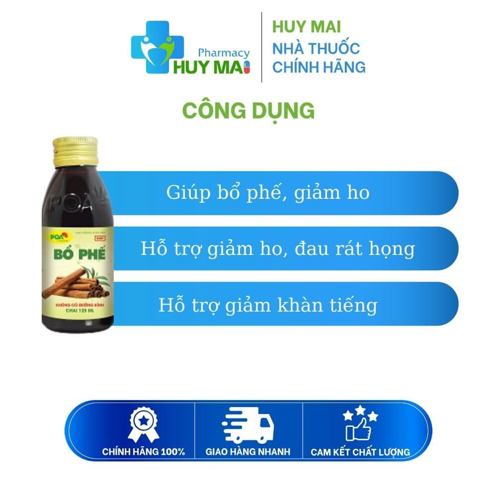 Siro Giảm Ho, Đau Rát Họng PQA Bổ Phế Không Đường Kính Chai 125ml 3 công dụng PQA Bổ Phế Không đường