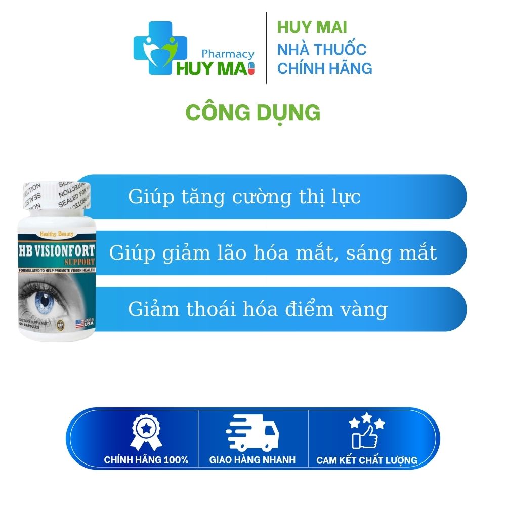Viên Uống Tăng Cường Thị Lực HB Visionfort Support Lọ 60 viên 2 công dụng bổ mắt HB Visionfort Support
