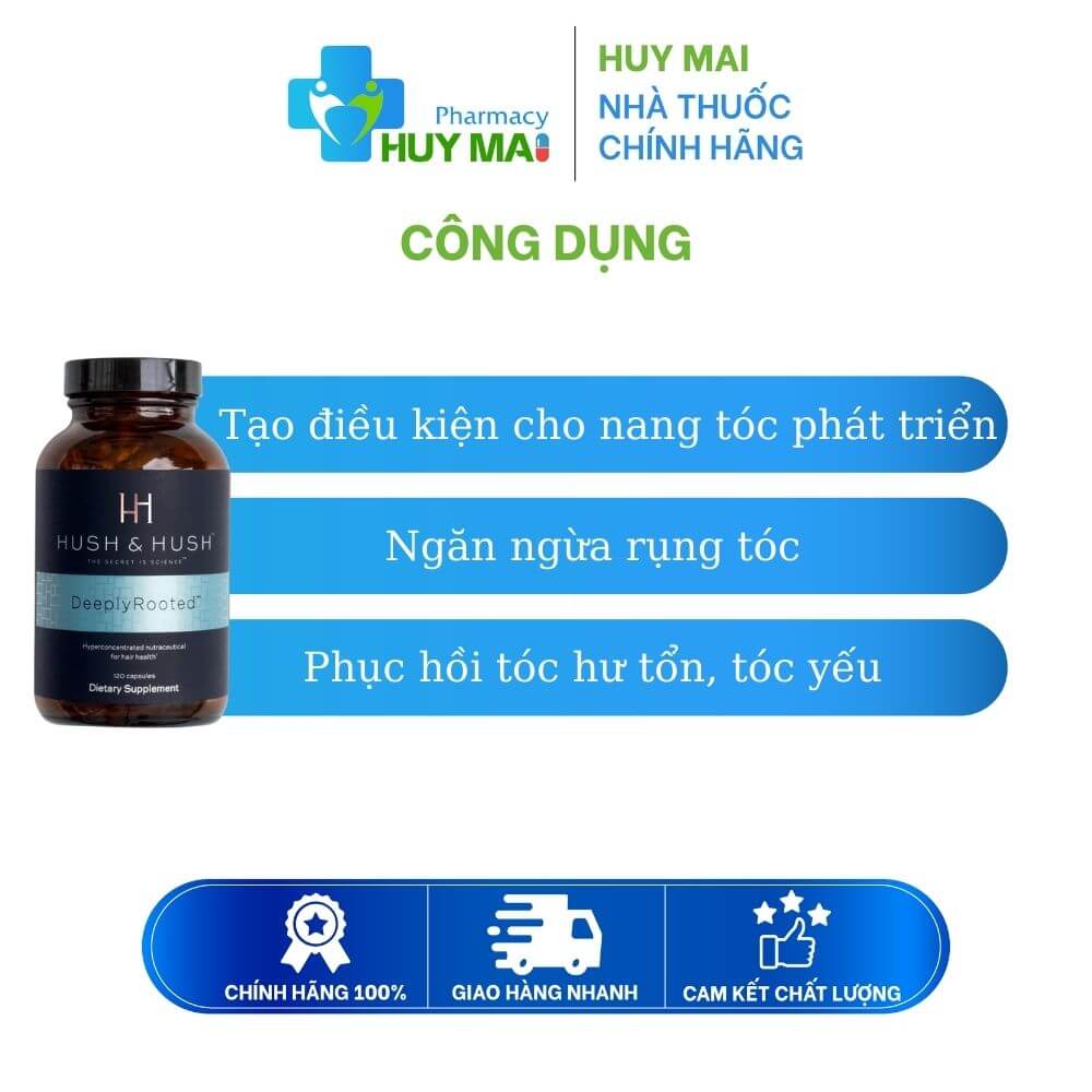 Viên uống ngăn ngừa rụng tóc Deeply Rooted Hush & Hush Hộp 120 Viên 3 công dụng Viên uống ngăn ngừa rụng tóc Deeply Rooted Hush & Hush