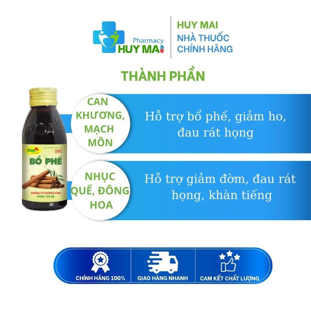 Siro Giảm Ho, Đau Rát Họng PQA Bổ Phế Không Đường Kính Chai 125ml 2 thành phần PQA Bổ Phế Không đường