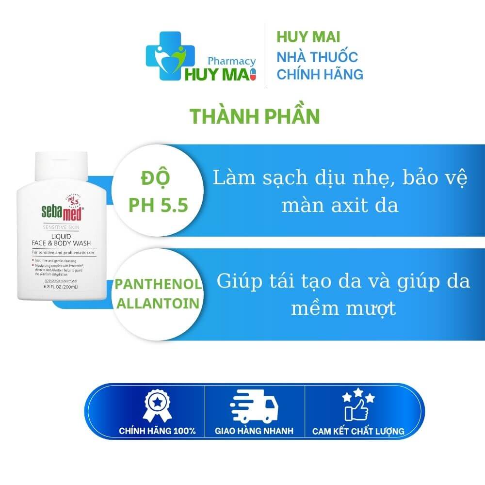 Sữa rửa mặt và tắm toàn thân da nhạy cảm Sebamed pH5.5 Chai 200ml 2 thành phần sữa rửa mặt và tắm toàn thân sebamed