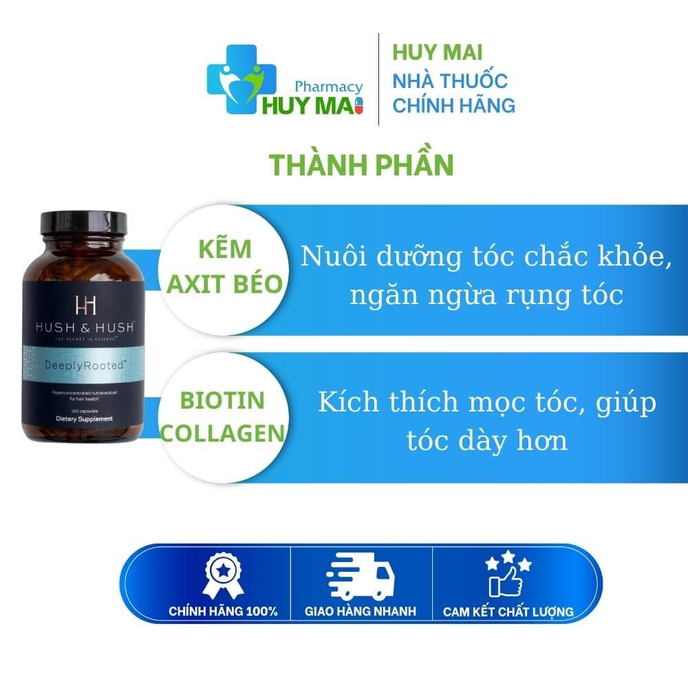 Viên uống ngăn ngừa rụng tóc Deeply Rooted Hush & Hush Hộp 120 Viên 2 thành phần Viên uống ngăn ngừa rụng tóc Deeply Rooted Hush & Hush