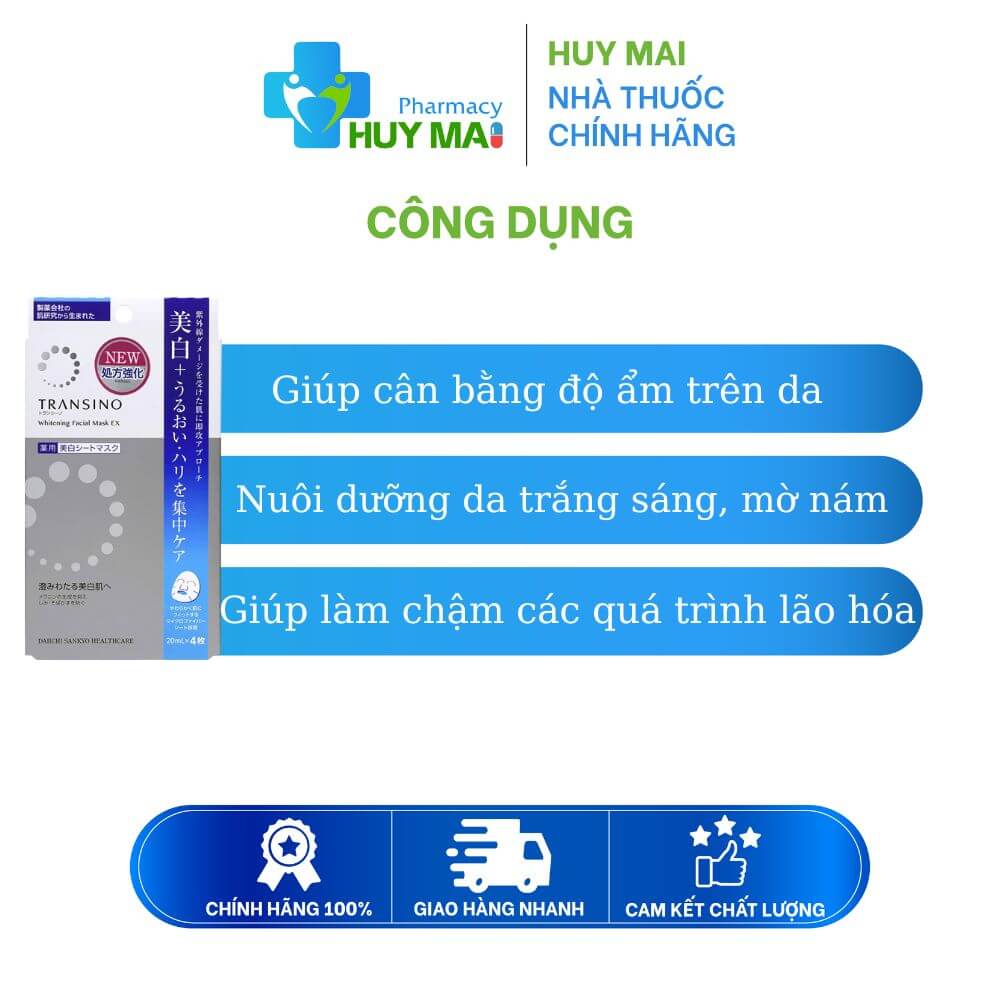 Mặt Nạ Transino Facial Mask Cấp Ẩm, Phục Hồi, Làm Sáng Da, Mờ Thâm Hộp 20ml x 4 miếng 2 công dụng Mặt Nạ Transino Facial Mask