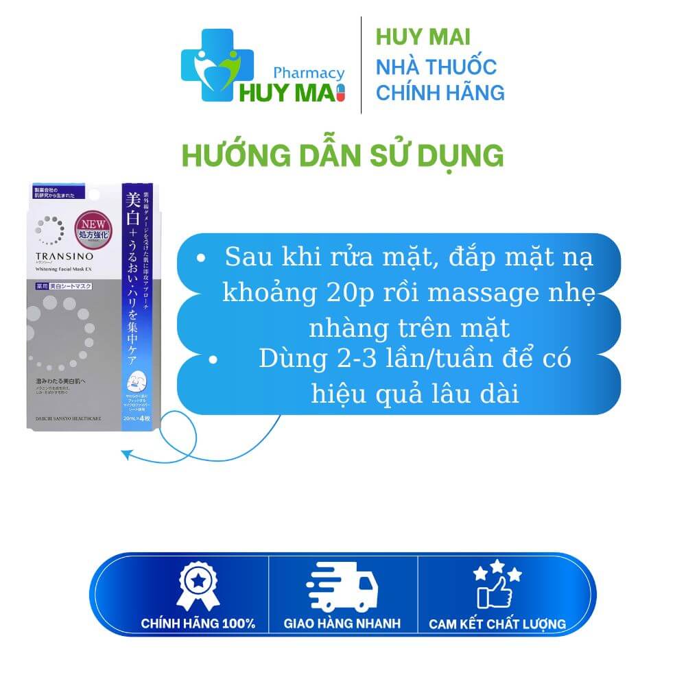 Mặt Nạ Transino Facial Mask Cấp Ẩm, Phục Hồi, Làm Sáng Da, Mờ Thâm Hộp 20ml x 4 miếng 3 cách dùng Mặt Nạ Transino Facial Mask