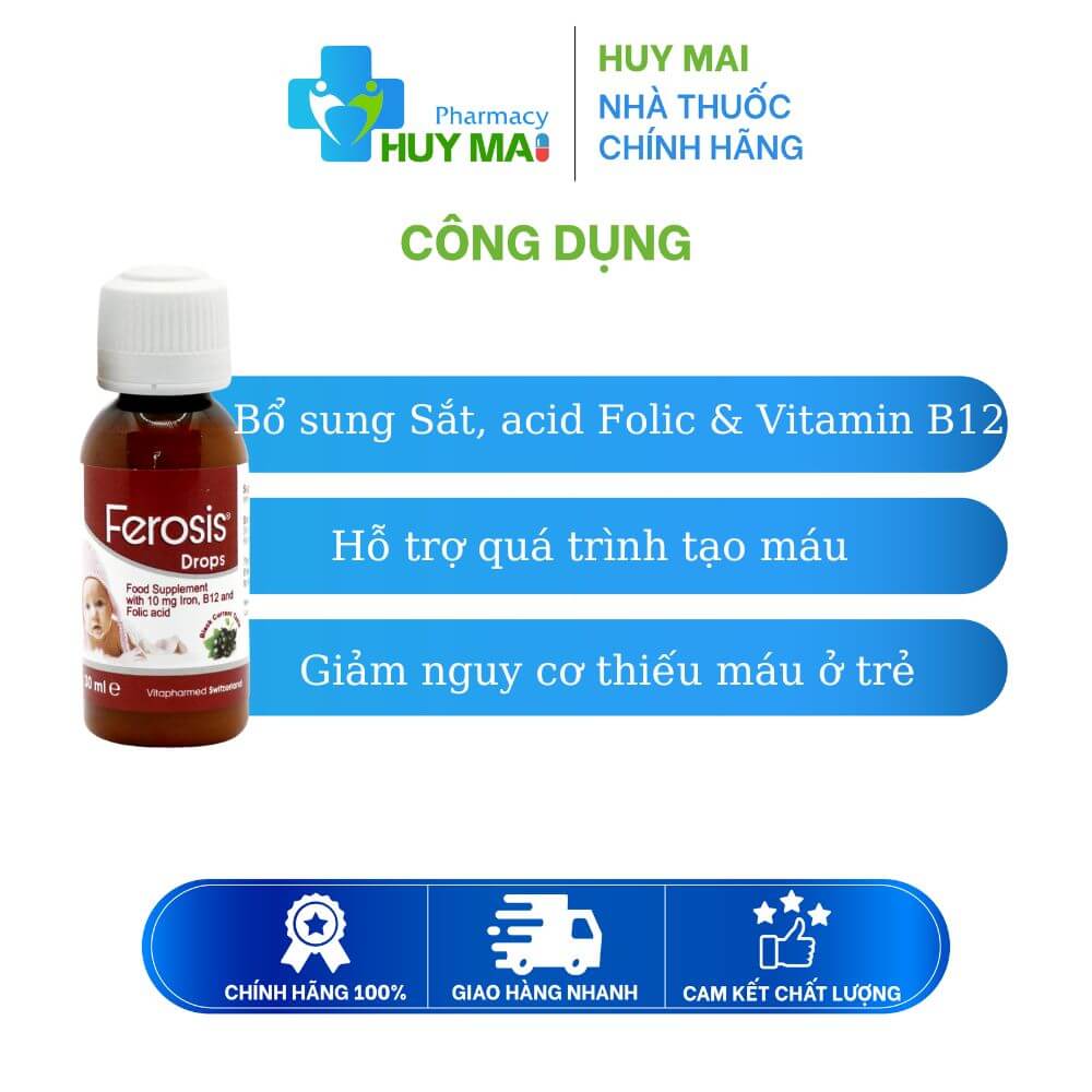 Siro Ferosis Drops Vivakids Bổ Sung Sắt Nhỏ Giọt Cho Trẻ Sơ Sinh Chai 30ml 2 công dụng Siro Ferosis Drops Vivakids