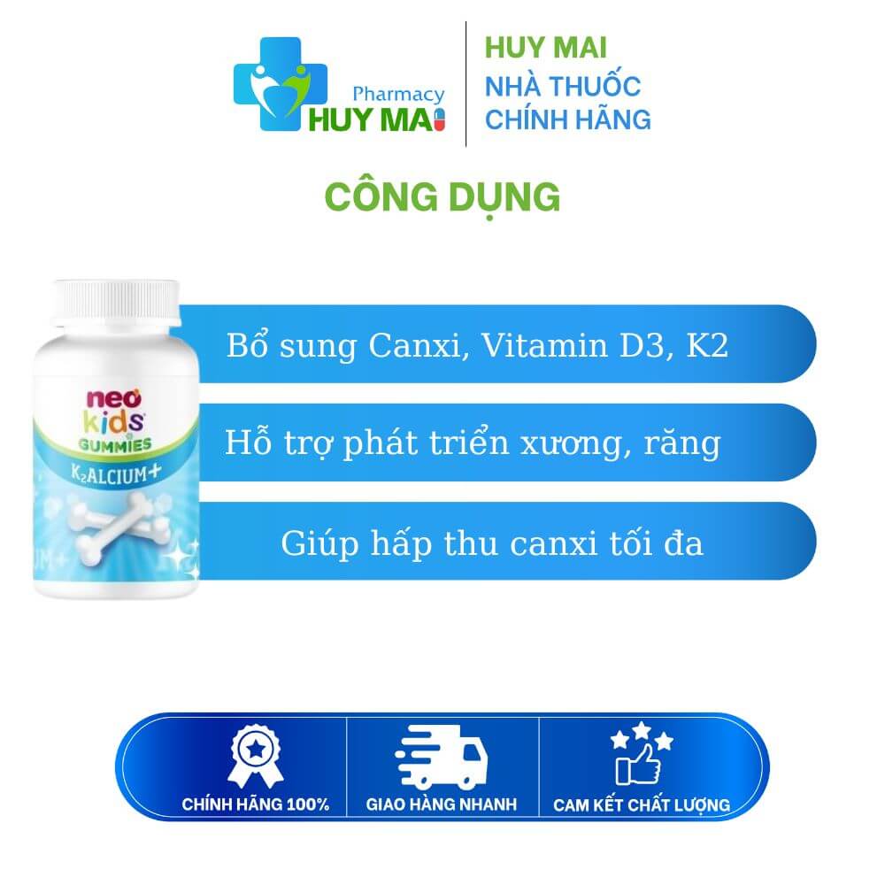 Kẹo Dẻo Canxi K2alcium+ Gummies Neo Kids Vị Sữa Chua, Phát Triển Xương Răng Hộp 60 Viên 2 công dụng Kẹo dẻo canxi K2alcium+ Gummies Neo Kids