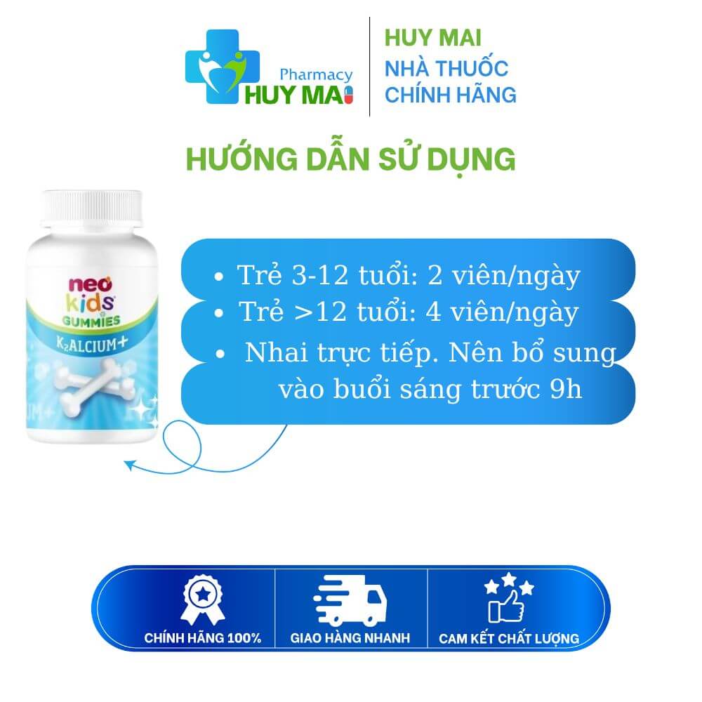 Kẹo Dẻo Canxi K2alcium+ Gummies Neo Kids Vị Sữa Chua, Phát Triển Xương Răng Hộp 60 Viên 3 cách dùng Kẹo dẻo canxi K2alcium+ Gummies Neo Kids